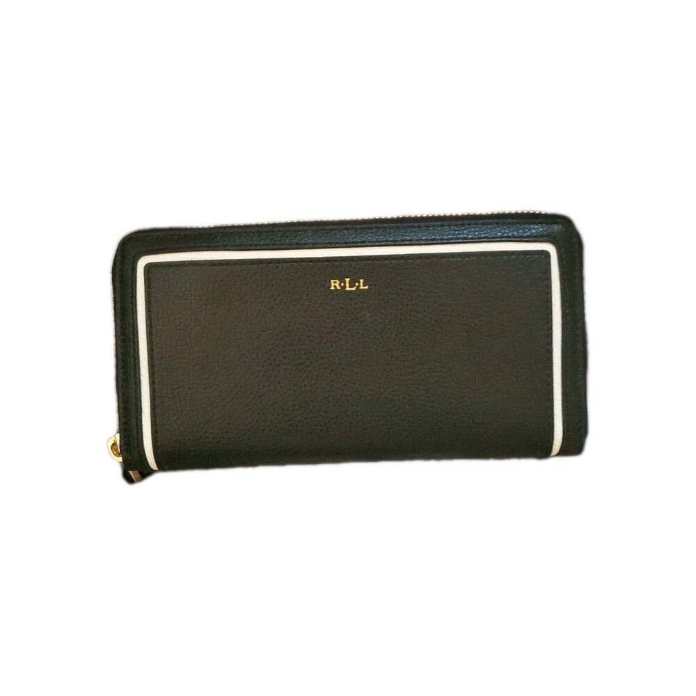 Lauren Ralph Lauren Black Leather Zip Around Wallet White Stripe Y2K Functional
